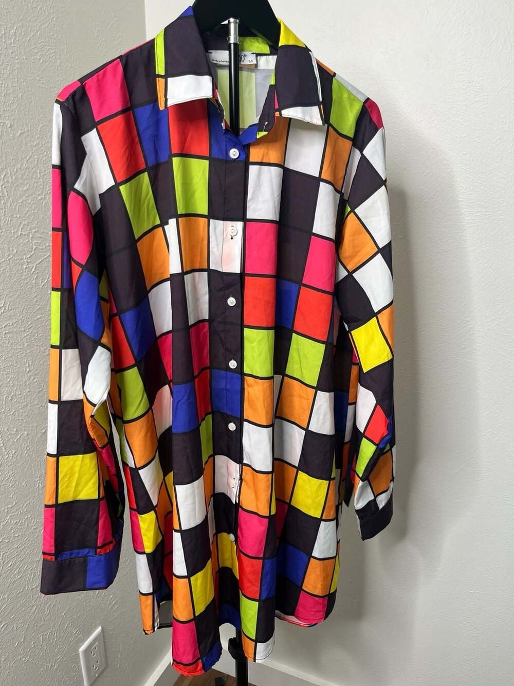 Colorful Rainbow Checkered Plaid Button-Up Shirt Dress-retro feel